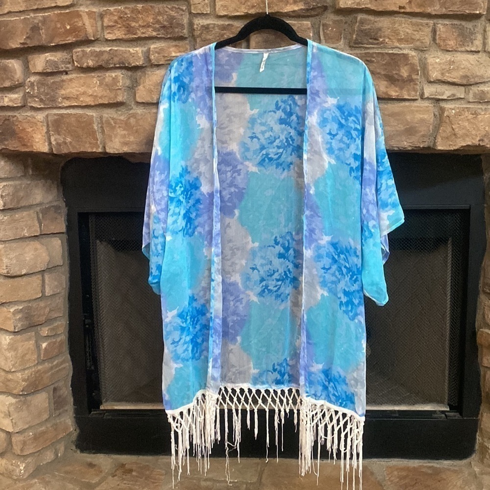 Paradise bright blue and green sheer swimsuit coverup/kimono. Small